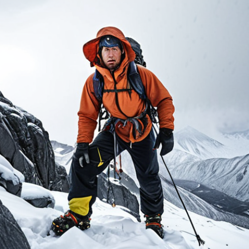 Home 11 **
A climber facing harsh weather conditions high in the mountains. Focus on the climber's determined expression amidst the blizzard, emphasizing resilience and teamwork. Include details like snow-covered gear, icy rocks, and a sense of the vast, unforgiving landscape.
**