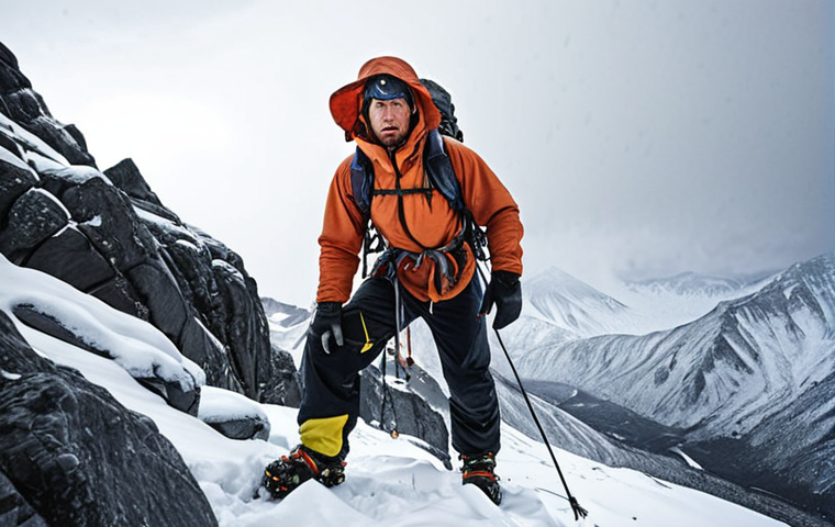 **
A climber facing harsh weather conditions high in the mountains. Focus on the climber's determined expression amidst the blizzard, emphasizing resilience and teamwork. Include details like snow-covered gear, icy rocks, and a sense of the vast, unforgiving landscape.
**