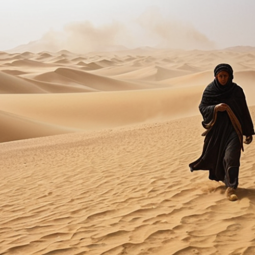 Home 6 **
A lone traveler faces a sudden desert sandstorm, struggling against the wind, with obscured visibility and swirling sand. Focus on the harshness of the environment and the traveler's resilience.
**