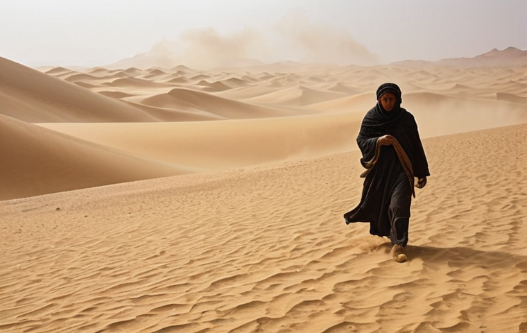**
A lone traveler faces a sudden desert sandstorm, struggling against the wind, with obscured visibility and swirling sand. Focus on the harshness of the environment and the traveler's resilience.
**