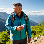 A professional adult male hiker in a modest, protective outdoor jacket and trousers, standing on a scenic mountain trail. He is looking at his smartwatch, which displays a hydration reminder, and taking a sip from a sturdy, eco-friendly water bottle. The background features a clear, sunlit mountain vista with green foliage. The scene emphasizes preparedness and smart hydration. Safe for work, appropriate content, fully clothed, professional dress, perfect anatomy, correct proportions, natural pose, well-formed hands, proper finger count, natural body proportions, high-quality professional photography, realistic.