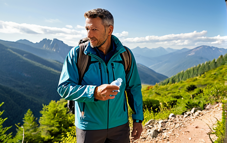 A professional adult male hiker in a modest, protective outdoor jacket and trousers, standing on a scenic mountain trail. He is looking at his smartwatch, which displays a hydration reminder, and taking a sip from a sturdy, eco-friendly water bottle. The background features a clear, sunlit mountain vista with green foliage. The scene emphasizes preparedness and smart hydration. Safe for work, appropriate content, fully clothed, professional dress, perfect anatomy, correct proportions, natural pose, well-formed hands, proper finger count, natural body proportions, high-quality professional photography, realistic.